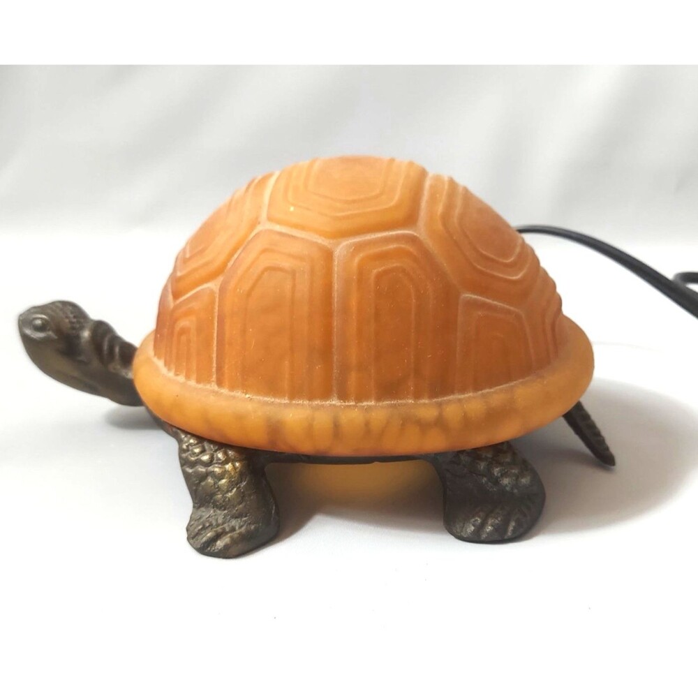 Vintage Turtle Lamp Tiffany Style Amber Art Glass Brass Base Night Light 1990's